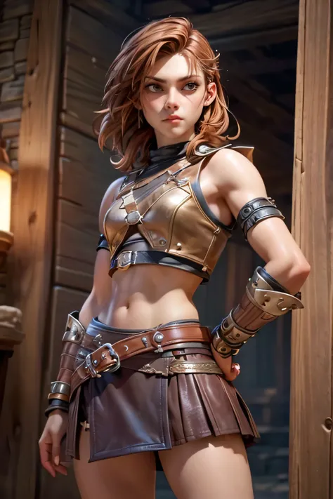  Young Viking woman , warrior, short brown hair, thick eyebrows, ojos marrones, leather armor,  strappy leather top , fur skirt, fierce expression, heroic stance,  looking at the camera ,  masterpiece , super detail,  lyrics,  Natural lighting,  sharp focu...