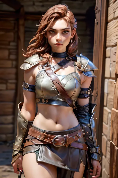  Young Viking woman , warrior, short brown hair, thick eyebrows, ojos marrones, leather armor,  strappy leather top , fur skirt, fierce expression, heroic stance,  looking at the camera ,  masterpiece , super detail,  lyrics,  Natural lighting,  sharp focu...