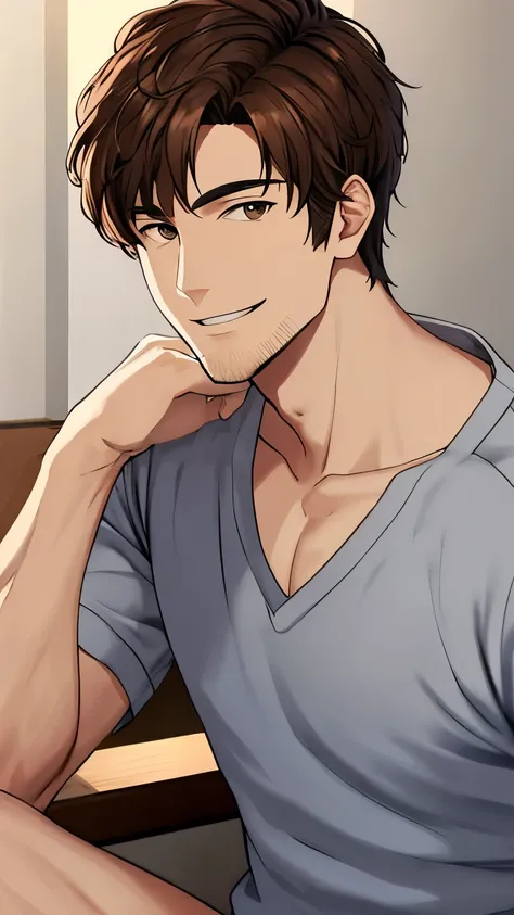 A close-up of a dependable and handsome man gently smiling as he speaks directly to the viewer. He has brown hair and brown eyes, with an intelligent yet muscular appearance. His expression is warm and sexy, and he is dressed in casual loungewear, creating...