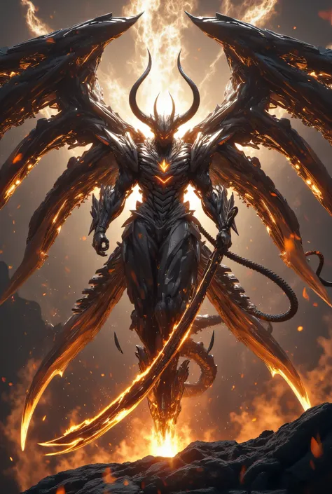 Big demon angel horns strong fire coming out of his body fire aura 6 wings giant sword glowing eyes expression of anger divinity 