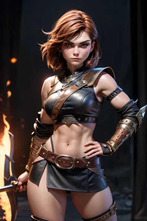 Young Viking woman , warrior, short brown hair, thick eyebrows, ojos marrones, leather armor, strappy leather top , fur skirt, fierce expression, heroic stance, looking at the camera , masterpiece , super detail, lyrics, Natural lighting, sharp focu...