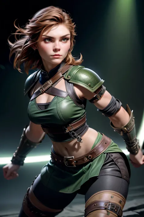 Young Viking woman of Norse descent, warrior, short brown hair, thick eyebrows, green eyes, leather armor, strappy leather top , fur skirt, fierce expression, heroic stance, looking at the camera , masterpiece , super detail, lyrics, Natural lighting...