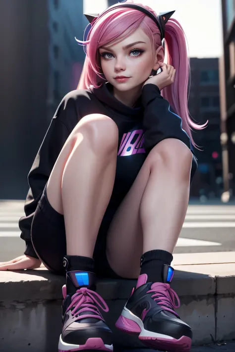 Mona pink haired girl,  blue eyes ,  seductive pose ,  seductive smile ,  looking at the spectator, hair band, black sweatshirt, AuriculAres,  black socks , sneakers, cyberpunk,  masterpiece , super detail,  lyrics,  natural lighting ,  sharp focus,  compo...