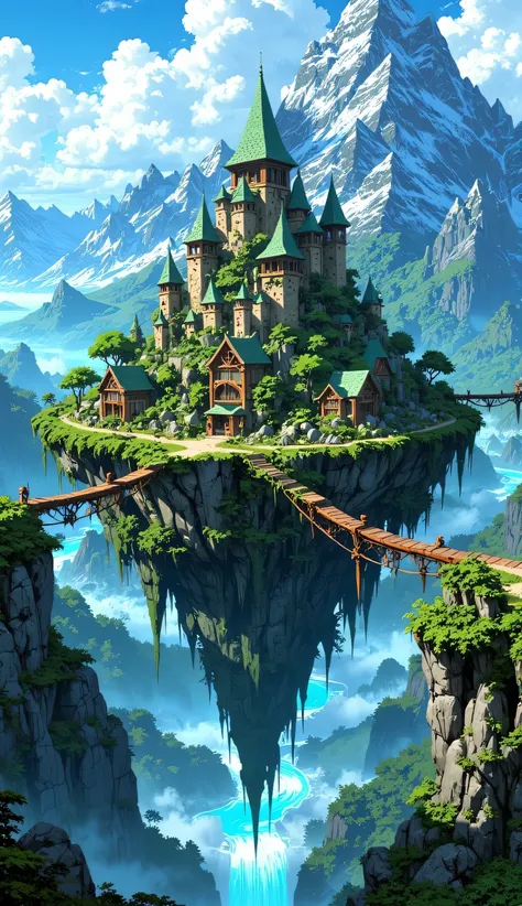 Beautiful floating island with a village and a bridge connecting to a mountain.