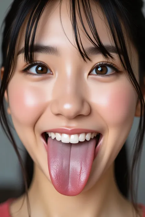 32k 8k super high image quality masterpiece, well-groomed face, realistic eyes, high brightness, focus on the face, like in real life, a smile pointing straight over the face like in real reality akkanbe, beautiful tongue, thick tongue, big glossy tongue, ...