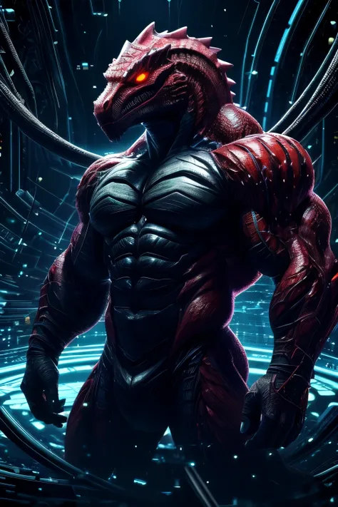 masterpiece, best quality, perfect anatomy, (detailed eyes:1.2), (Red Raptor), male, solo, cables as tenacles from back, glowing eyes, floating in air, digital_space, binary, glitchy, glitch creature, liquid, detailed background, Evil, Mischief, kemono, so...