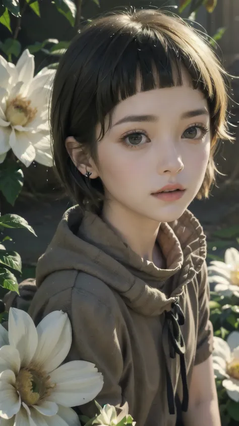 solo、Close-up of face、 face with collar、front、A line of sight that looks diagonally upwards、 short hair、 bangs with lots of flowers 、 black hair、 beautiful girl 、Dark Cheeks 、Thick lips、 Clear White Skin、Shining Eyes、Detailed illustrations、 top quality、８k、...