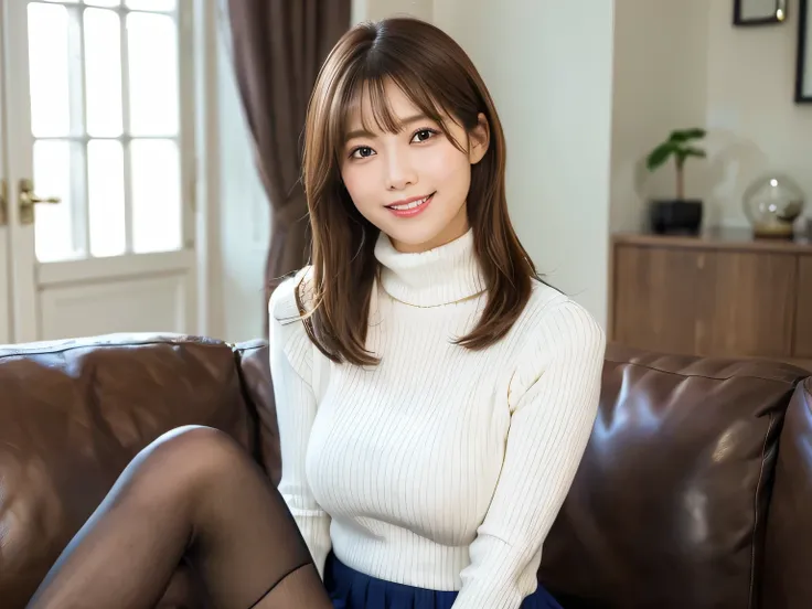 26 years old, ((( medium brown hair )))、white turtleneck sweater,   Plump Nipples  、 big breasts、 Dark Blue Long Pleated Skirt,  cute smile、  beautiful legwear  、 black high heels、 miniskirt、 sexy lace panties 、 shot showing the whole body 、 bright living ...