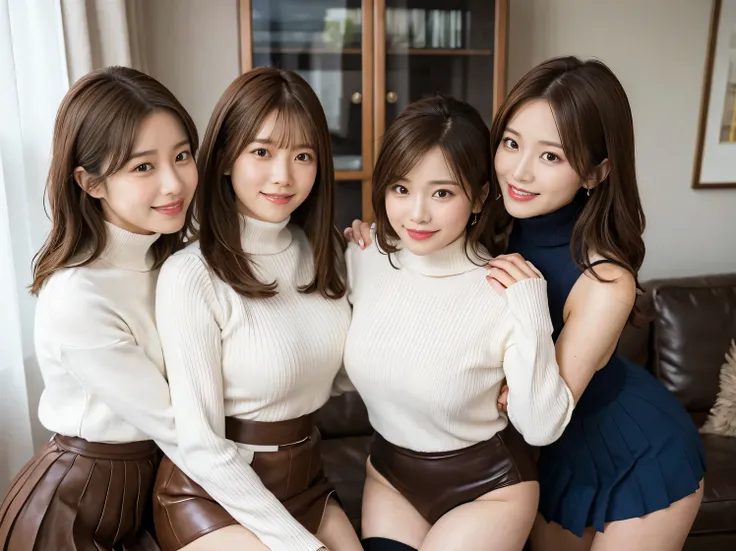 26 years old, ((( medium brown hair )))、 white turtleneck sweater,   Plump Nipples  、 big breasts、 Dark Blue Long Pleated Skirt,  cute smile、  beautiful legwear  、 black high heels、 miniskirt、 sexy lace panties 、 shot showing the whole body 、 bright living...