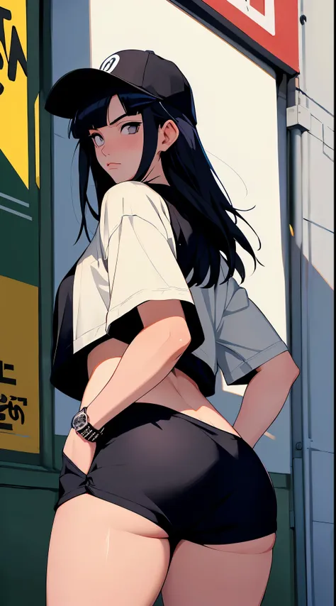 hinata hyuga, 90s, Hip Hop Fashion, suburb, brooklyn 1993,  extremely realistic, very beautiful, sexy,  big ass,  thick legs, using a short short,  perky ass, hip hop style, 90s,  extremely beautiful 