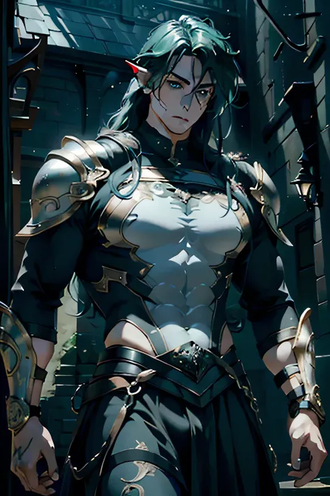 Strong male elf of imposing stature. 2 meters tall. Traces of d&d style rpg. Long hair. Green hair. Blue eyes. Pale skin. Light armor. Medieval clothes. Large scar on his face. , intricate details, ultra detailed, ultra detailed clothes,, epic masterpiece,...