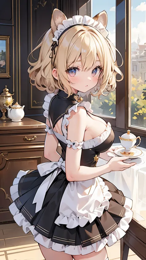  blonde, Curly Hair,  short bob, Hair Band , Squirrel Ears, Art Deco, Shine, Symmetric, throw,  anatomically correct, Textured skin,  with great attention to detail,  top quality,  super details on left chest, Maid,  cute girl, Tea Time,  colorful, can see...