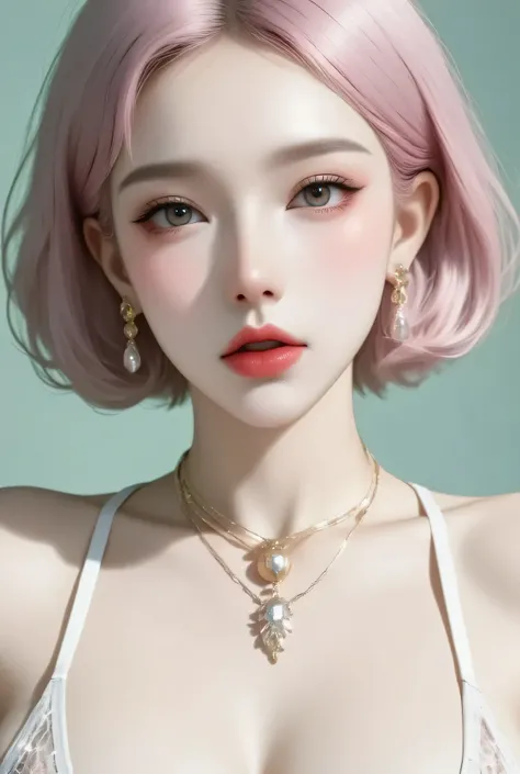 80’s glam rock makeup on shiny face, asian girl, anime, 2.5D, moody lighting, (green, pink, gold), pretty, sexy, minimal, sleek, slender, asian, elegant, futuristic, retro, sophisticated half human half machine, mouth open wide, Kizi,(eyes looking off to s...
