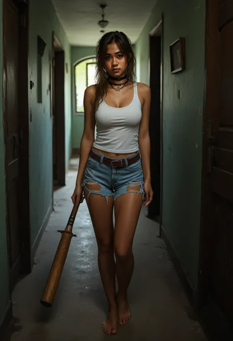 safe_pos, (score_9, score_8_up:1.1), score_7_up, photorealistic, rating:explicit                                    Faith T,1girl,solo,
tank top,panties,creepy hallway,dark house,cautious,scared,looking,peering,wide eyed,holding baseball bat,
masterpiece,b...