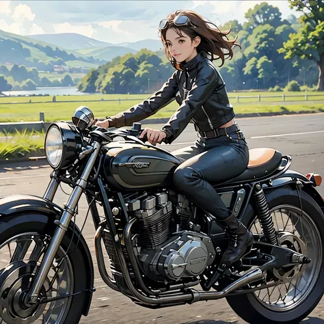 Vintage Bikes、victory、Isle of Man Races、(A young female rider speeds along on a motorcycle)、Leather jumper、Cromwell helmet with goggles、After the Rain、English countryside、