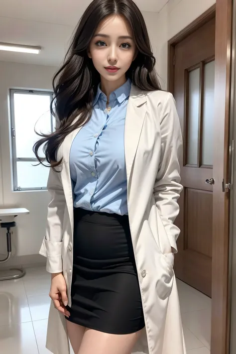  realistic beautiful doctors in the hospital、amazing beauty、Collared shirt、Wear the doctor's white coat outside,Stethoscope , ( Top Quality 、8K、32K、 masterpiece、nffsw:1.3), 2 girls， Delicate Face ， big blue eyes ，Brown curly hair，Sexy plump red lips， one h...