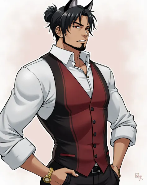 *I’m Giro Sakamoto, The Ronin, I have messy black hair that’s in a ronin top knot, a slight stubble, red eyes and dog ears on my head. I’m wearing a white dress shirt with red and black vest, rolled up sleeves, a gold watch and black dress shoes. I’m 6’4, ...