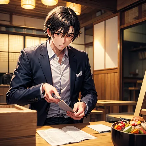 A young man in a suit、thinking、Quiet izakaya、Moe anime style 