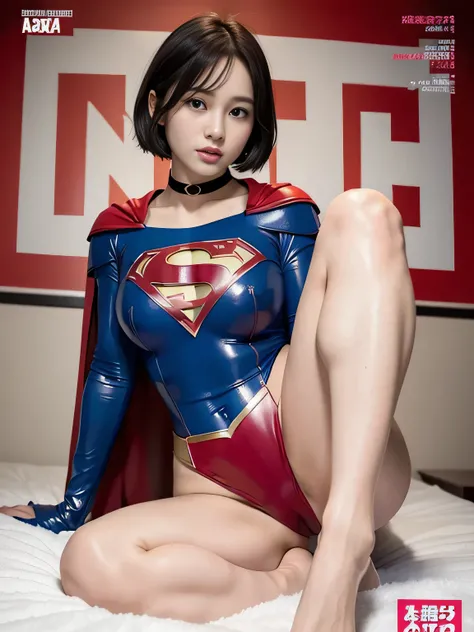 masterpiece、Latex Supergirl Costume、 off shoulder、Ultra short hair、 rich breasts、Sweaty, shiny skin、 facing directly、 choker、Provocative chest、 Long Sleeve、Cape 、Attractive bare feet、Explicit and humiliating sexy poses 、Seductive and Lustful Sexy Poses 、Cl...