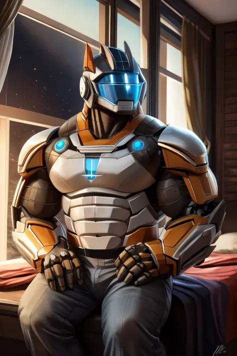 sp_mecha, detailed, perfect anatomy, masterpiece, high quality, best quality, highres, muscular, bara, mecha, helmet, shirt, pants, in bedroom, sitting, at window