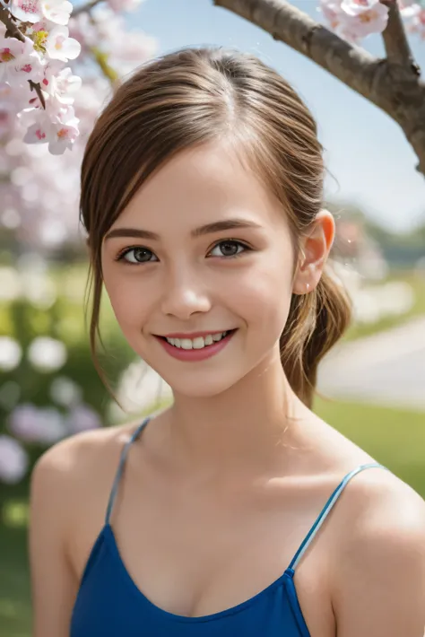 Masterpiece, Best quality, 8k, 18 ans, Photo brute, absurdes, Award-winning portrait, sourire, sourire, pure, french,spring, orchard in bloom, famous singer, cute, fit, healthy, lovely, posing, pony tail, swimsuit illustrated, sexy pose, happy smile