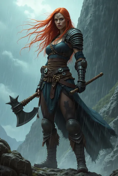 on a mountain, For rainy weather , a warrior, woman with very long red hair,  has an aggressive attitude and holds an axe in her hand .