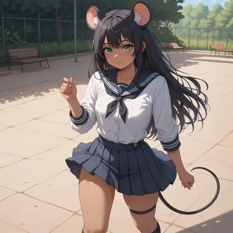 (Masterpiece) (High Detail) (High Res) A tiny short small Humanoid Mouse Female with tanned skin and bright green eyes and long black hair and fluffy black mouse ears and a mouse tail and small breasts. She is wearing school uniform. Button up blouse and p...