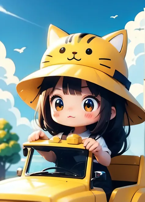 cute comic, 1 magica holding weapon, motor vehicle, tank, cat, hat, yellow, bangs, no nose, blush, cloud, sky