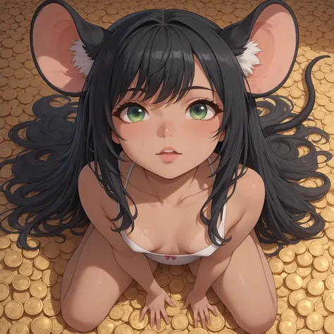 (Masterpiece) (High Detail) (High Res) A view from above a tiny micro short small Humanoid Mouse Female with tanned skin and bright green eyes and long black hair and fluffy black mouse ears and a mouse tail and small breasts. She is kneeling and looking u...