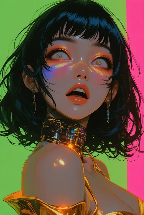 80’s glam rock makeup on shiny face, asian girl, anime, 2.5D, moody lighting, (green, pink, gold), pretty, sexy, minimal, sleek, slender, asian, elegant, futuristic, retro, sophisticated half human half machine, mouth open wide, Kizi，(eyes looking off to s...