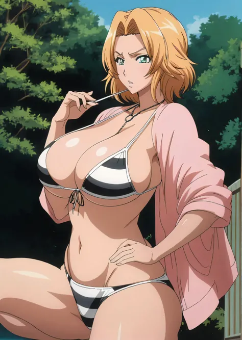  bikini, chic, Girl with short blonde hair,  short hair,  hair between eyes、medium hair, loose hair strand,  Green Eyed Girl, Semi-long hair, Big Tits Same!!, Girl in swimsuit, Alone, SFWな huge breasts, Boobs, Big Tits Same!, With very large breasts, in a ...