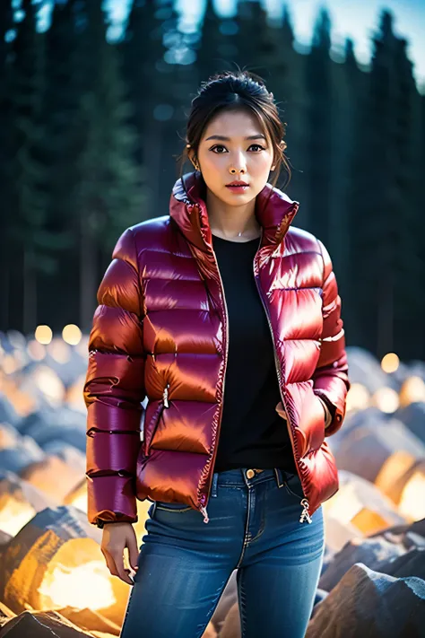 (((Attractive woman in proper down jacket and jeans )))、 I'm standing in a dark rural landscape with so many snow globes shining on the ground shining with candlelight。The details of her face and chest are vivid 、Long eyelashes、 she is in a dynamic pose 、 ...