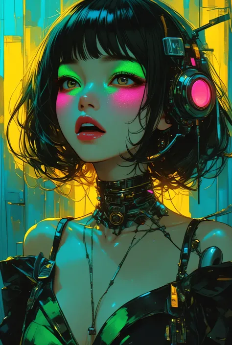 80’s glam rock makeup on shiny face, asian girl, anime, 2.5D, moody lighting, (green, pink, gold), pretty, sexy, minimal, sleek, slender, asian, elegant, futuristic, retro, sophisticated half human half machine, mouth open wide, Kizi，(eyes looking off to s...