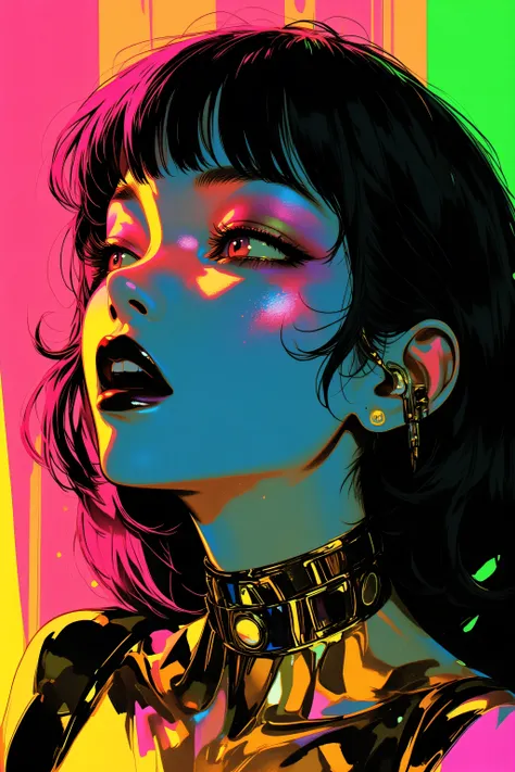 80’s glam rock makeup on shiny face, asian girl, anime, 2.5D, moody lighting, (green, pink, gold), pretty, sexy, minimal, sleek, slender, asian, elegant, futuristic, retro, sophisticated half human half machine, mouth open wide, Kizi，(eyes looking off to s...