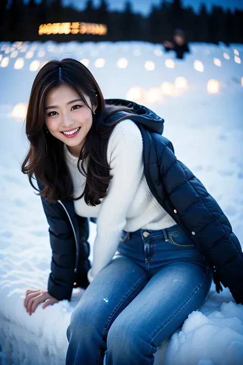 A dark rural landscape with so many snow globes shining on the ground shining in candlelight、(((Attractive woman in proper down jacket and jeans 、Transcendently beautiful )))、(((happiness、smile)))、A dark rural landscape with so many snow globes shining on ...