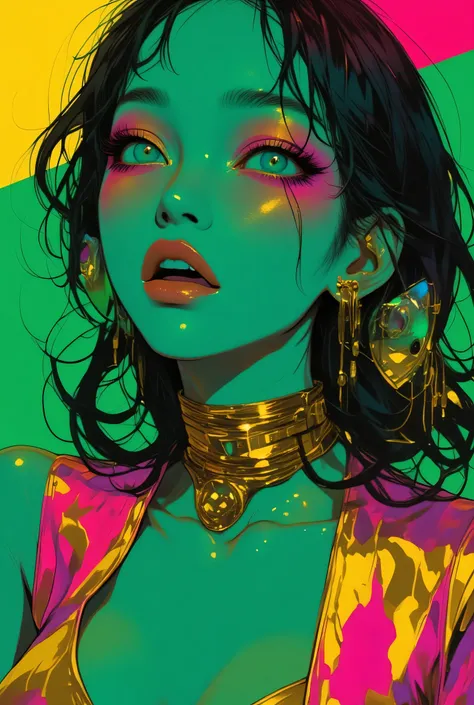 80’s glam rock makeup on shiny face, asian girl, anime, 2.5D, moody lighting, (green, pink, gold), pretty, sexy, minimal, sleek, slender, asian, elegant, futuristic, retro, sophisticated half human half machine, mouth open wide, Kizi，(eyes looking off to s...