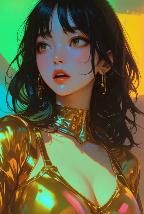 80’s glam rock makeup on shiny face, asian girl, anime, 2.5D, moody lighting, (green, pink, gold), pretty, sexy, minimal, sleek, slender, asian, elegant, futuristic, retro, sophisticated half human half machine, mouth open wide, Kizi,(eyes looking off to s...