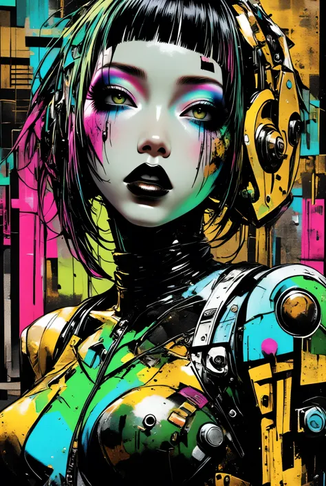 80’s glam rock makeup on shiny face, asian girl, anime, 2.5D, moody lighting, (green, pink, gold), pretty, sexy, minimal, sleek, slender, asian, elegant, futuristic, retro, sophisticated half human half machine, mouth open wide, Kizi，(eyes looking off to s...