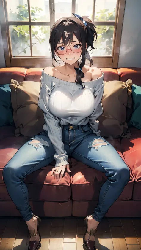 anime - style illustration of a woman in a oversized off shoulder sweater, skinny jeans, anime character, official character art, full body, female anime girl, (black ponytail:1.5), (tanned:1.0), glasses, large breasts, in the private room, (sitting and sp...