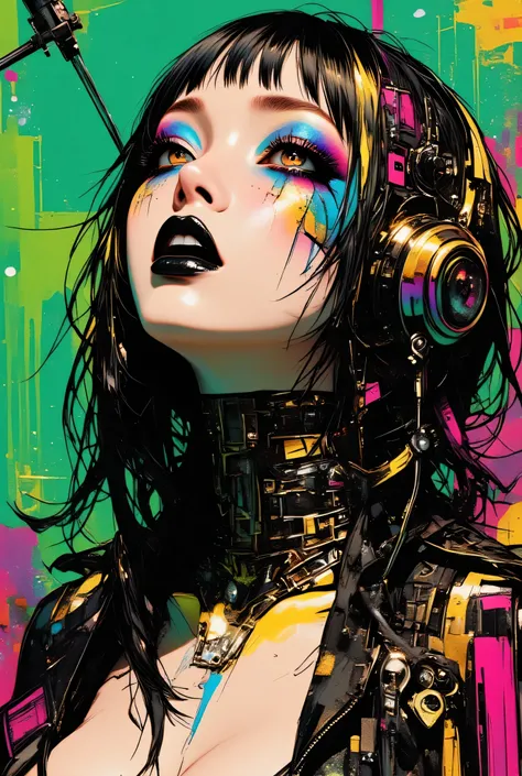 80’s glam rock makeup on shiny face, asian girl, anime, 2.5D, moody lighting, (green, pink, gold), pretty, sexy, minimal, sleek, slender, asian, elegant, futuristic, retro, sophisticated half human half machine, mouth open wide, Kizi，(eyes looking off to s...