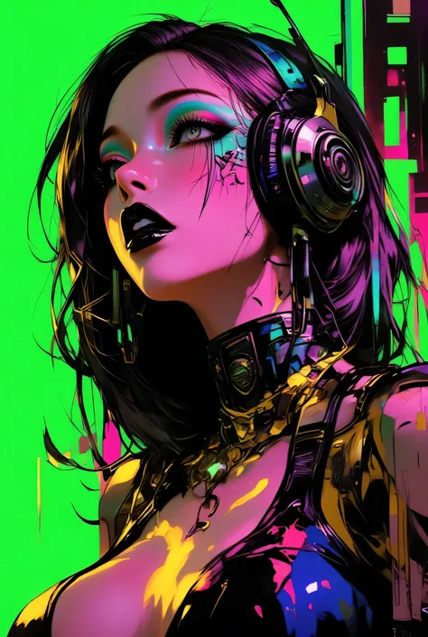 80’s glam rock makeup on shiny face, asian girl, anime, 2.5D, moody lighting, (green, pink, gold), pretty, sexy, minimal, sleek, slender, asian, elegant, futuristic, retro, sophisticated half human half machine, mouth open wide, Kizi，(eyes looking off to s...