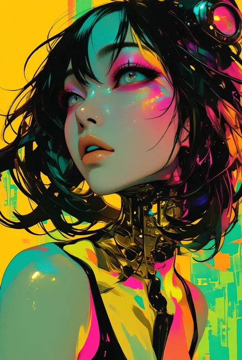 80’s glam rock makeup on shiny face, asian girl, anime, 2.5D, moody lighting, (green, pink, gold), pretty, sexy, minimal, sleek, slender, asian, elegant, futuristic, retro, sophisticated half human half machine, mouth open wide, Kizi，(eyes looking off to s...