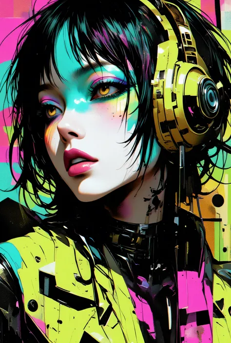 80’s glam rock makeup on shiny face, asian girl, anime, 2.5D, moody lighting, (green, pink, gold), pretty, sexy, minimal, sleek, slender, asian, elegant, futuristic, retro, sophisticated half human half machine, mouth open wide, Kizi，(eyes looking off to s...