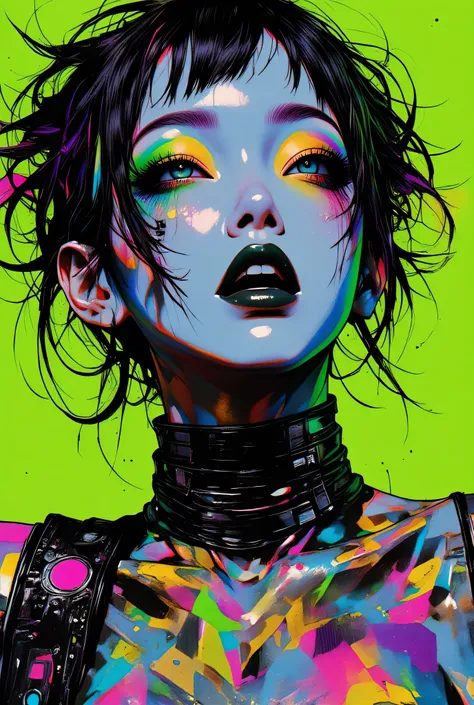 80’s glam rock makeup on shiny face, asian girl, anime, 2.5D, moody lighting, (green, pink, gold), pretty, sexy, minimal, sleek, slender, asian, elegant, futuristic, retro, sophisticated half human half machine, mouth open wide, Kizi，(eyes looking off to s...