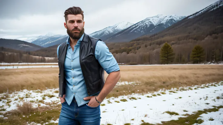 Man with short hair, modern hairstyle. Long beard. Wearing a leather vest. Open blue shirt. Blue jeans. In a snowy field.