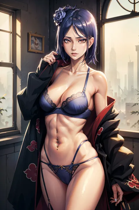 the woman, Ojos Dorados  , sexy clothes,  beautiful and sexy body , ultra detailed and ultra defined,  navel piercing, underwear in blue lingerie,Akatsuki .