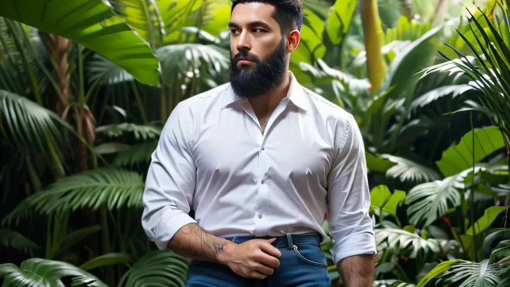 Man with short black hair. Long black beard. Open white shirt. Blue jeans. In the middle of a jungle.