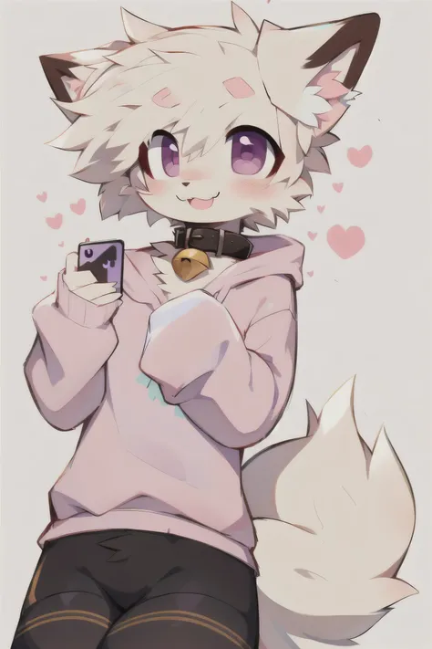 (masterpiece, best quality:1.2), 1 boy, alone, cream fur, pink sweatshirt, purple eyes, happy, looking at viewer, holding a purple cell phone, cute, simple background, with a black collar 