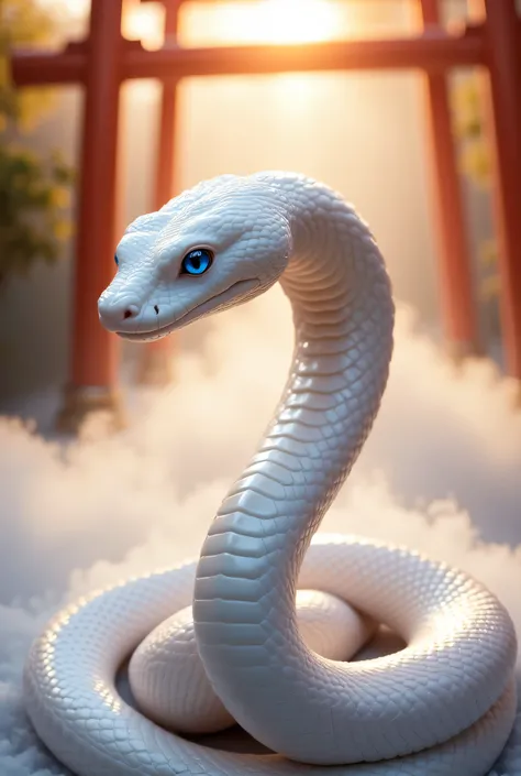 A realistic photograph with the prayer "Resurrection and Rebirth" beautifully written in gold calligraphy. A sacred white snake coils gracefully. Its shimmering scales have a pale pink pattern and reflect the light like glass. The snake is poised and gazes...