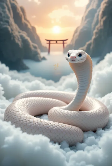 A realistic photograph with the prayer "Resurrection and Rebirth" beautifully written in gold calligraphy. A sacred white snake coils gracefully. Its shimmering scales have a pale pink pattern and reflect the light like glass. The snake is poised and gazes...